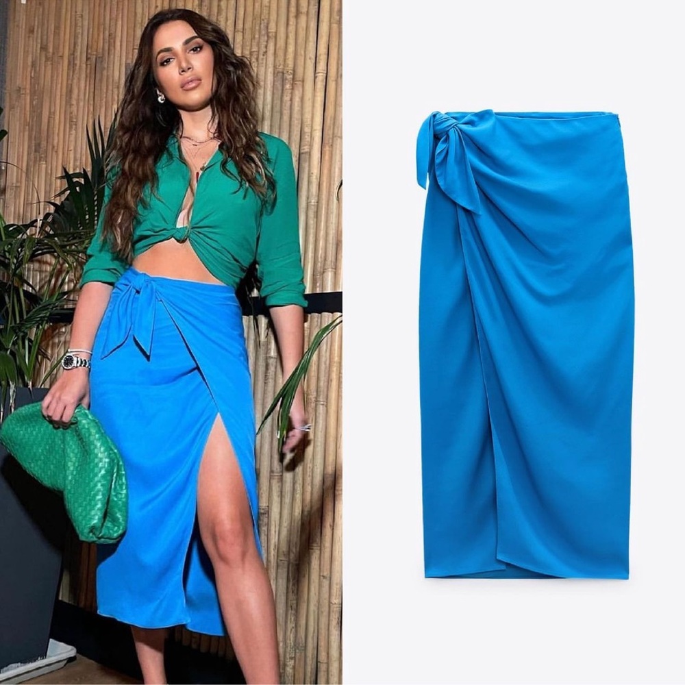 NWT ZARA WRAP PAREO SKIRT WITH KNOT BLUE SS2021 SIZE M REF. 7563/246